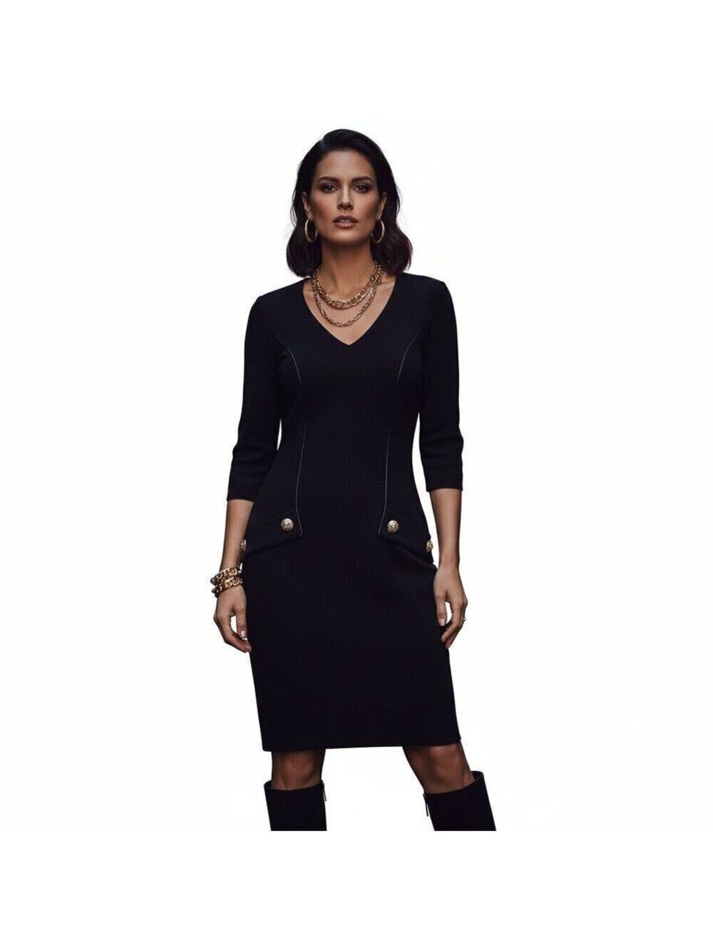 *Versace Jeans Black Ribbed Sheath Dress Gold Button Detail V-Neck Bodycon XS